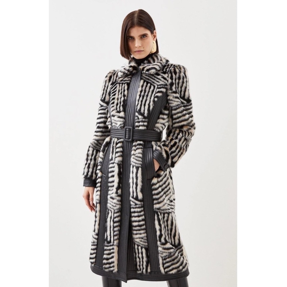 Karen Millen Faux Fur PU‎ Panelled Stripe Belted Coat Multicolor Size 6P NWT